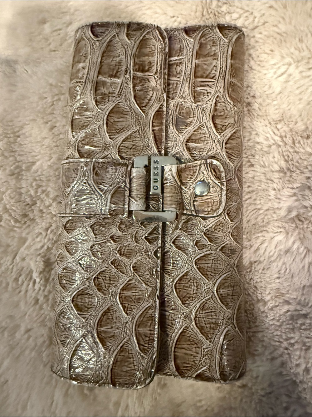 GUESS Metallic Taupe Croc-Embossed Clutch with Buckle
